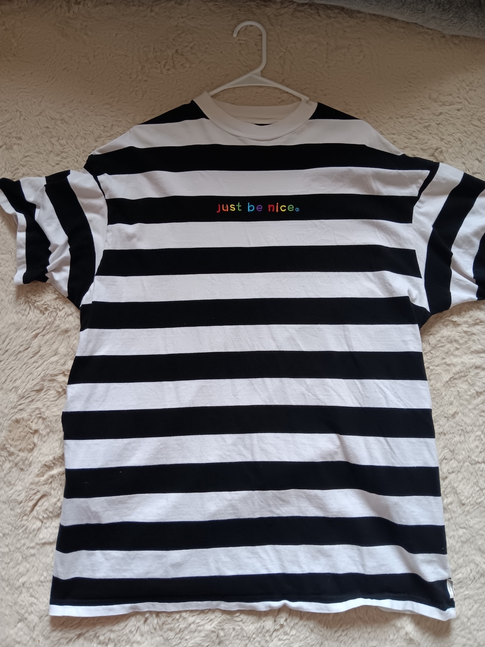 Chocolate Black & White Striped Tee Dress with Rainbow "just be nice" Embroidery